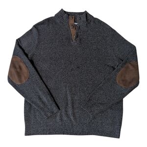 Chaps Logo Heather Black 1/4 Button Henley Cotton W Brown Elbow Patches Sweater